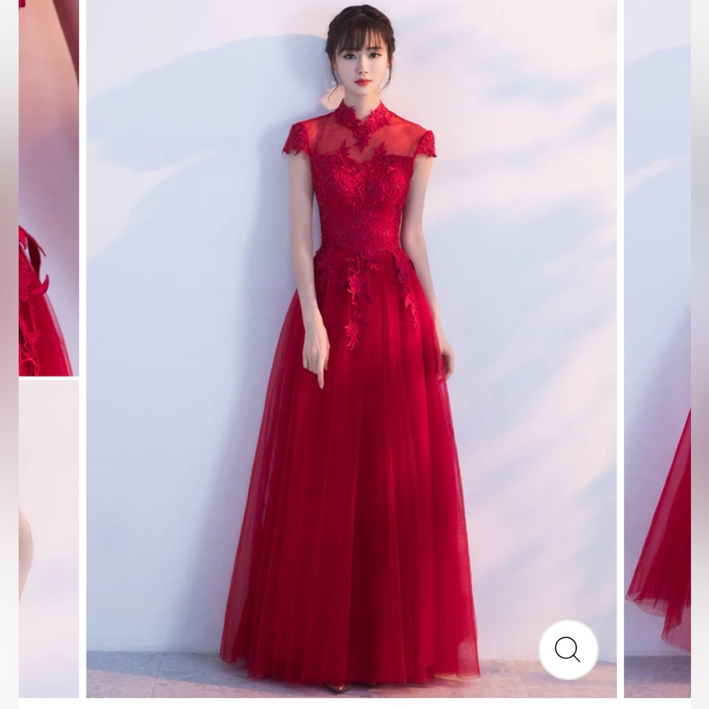 Red Floor Length Tulle Wedding Qipao Cheongsam Dress